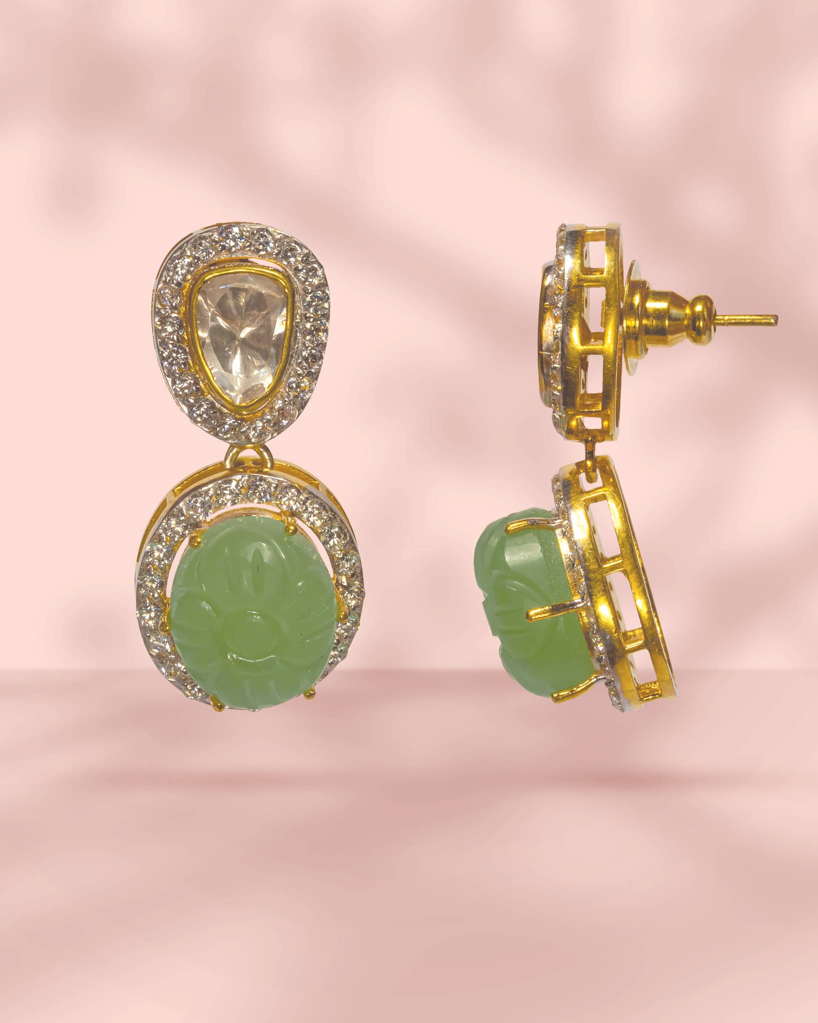 Premium 925 Sterling Silver Gold Plated Carved Green Stone Drop Earrings | Polki & AD Halo Design