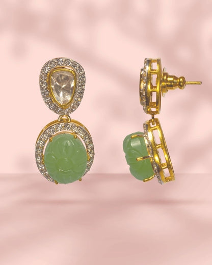 Premium 925 Sterling Silver Gold Plated Carved Green Stone Drop Earrings | Polki &amp; AD Halo Design