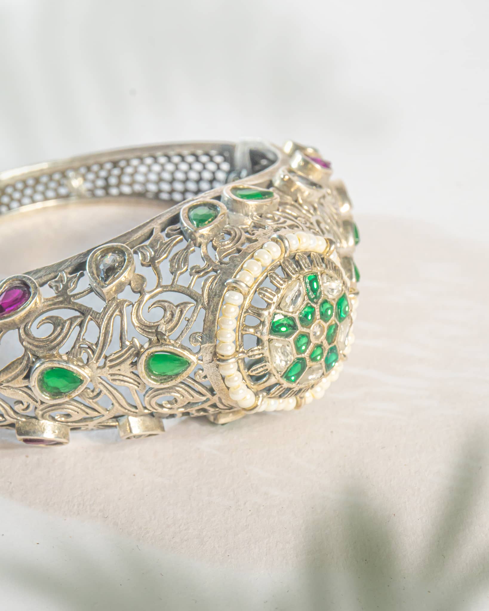 92.5 Sterling Silver Jadau Kundan Floral Bangle | Antique Multistone Wedding Kada