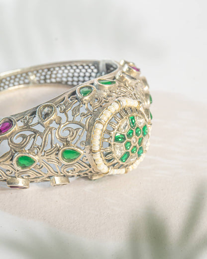 92.5 Sterling Silver Jadau Kundan Floral Bangle | Antique Multistone Wedding Kada