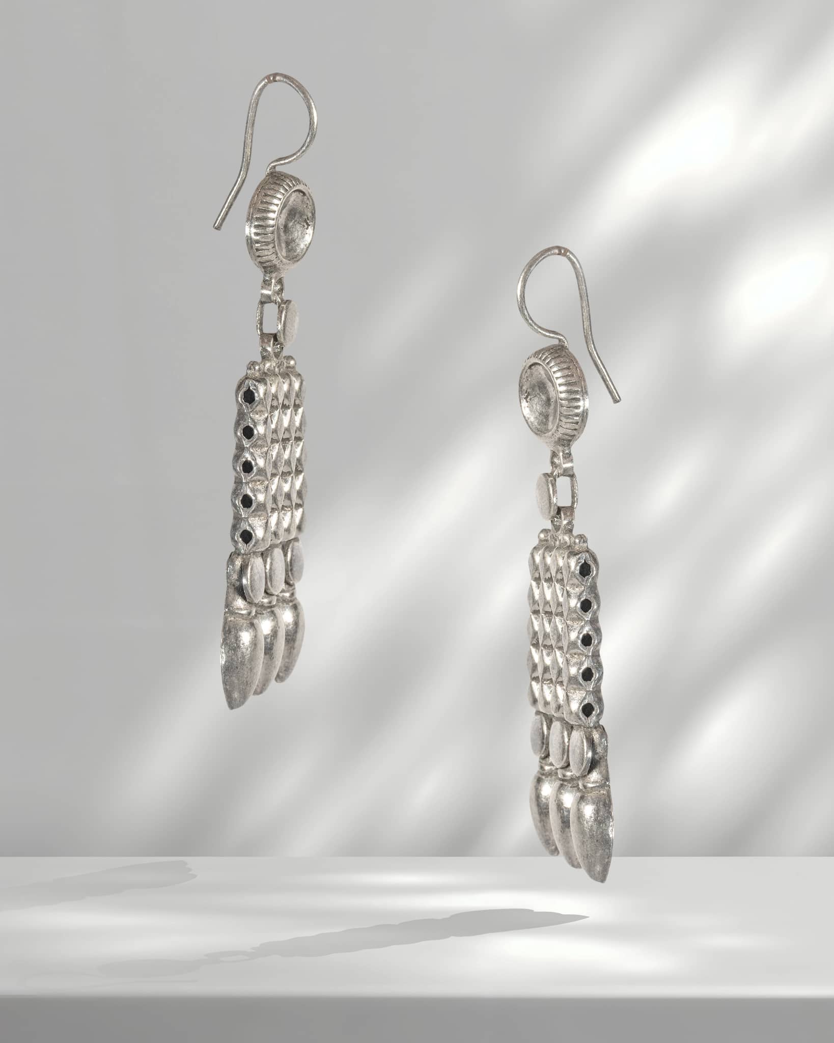 Oxidized 925 Sterling Silver Multi-Layer Tribal Necklace Set | Geometric Spike Choker with Earrings