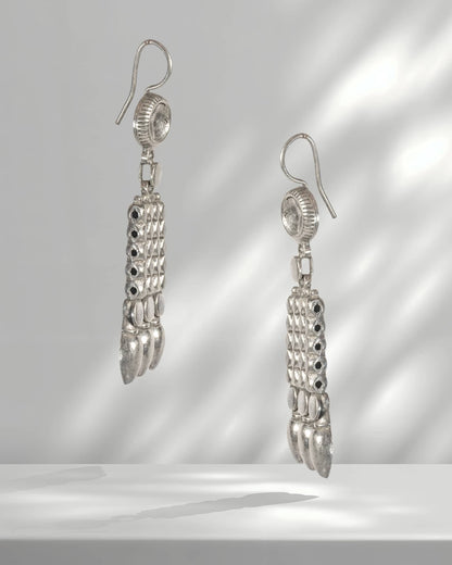 Oxidized 925 Sterling Silver Multi-Layer Tribal Necklace Set | Geometric Spike Choker with Earrings