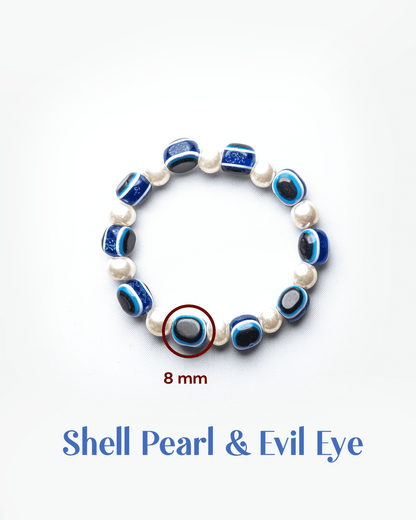 Shell Pearl &amp; Evil Eye Beaded Bracelet (8mm) | Full Protection Jewelry