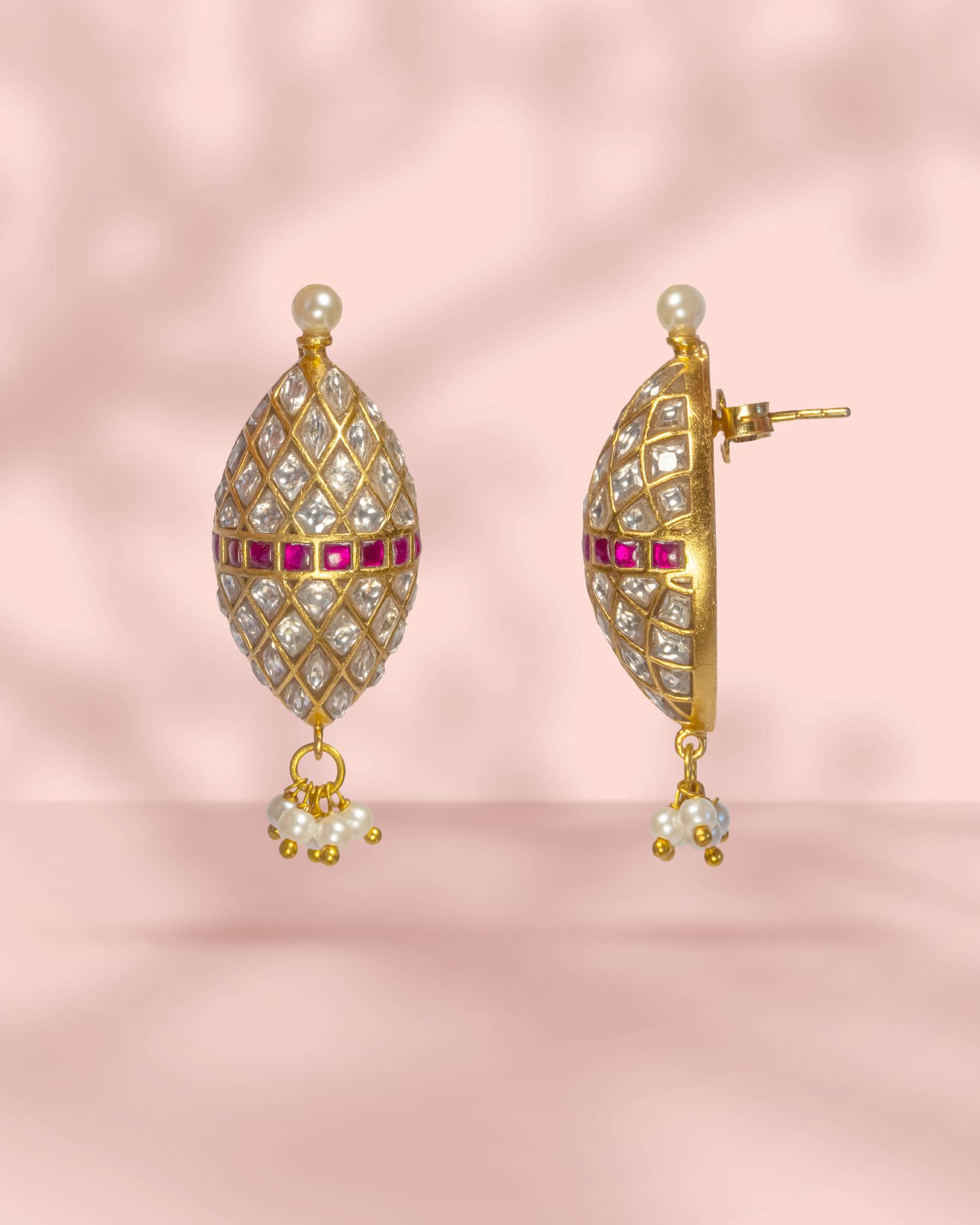 Premium 925 Sterling Silver Gold Plated Oval Polki Drop Earrings | Geometric Ruby & Pearl Design