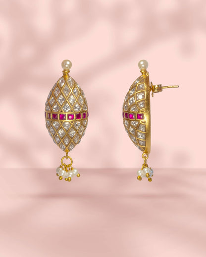 Premium 925 Sterling Silver Gold Plated Oval Polki Drop Earrings | Geometric Ruby &amp; Pearl Design
