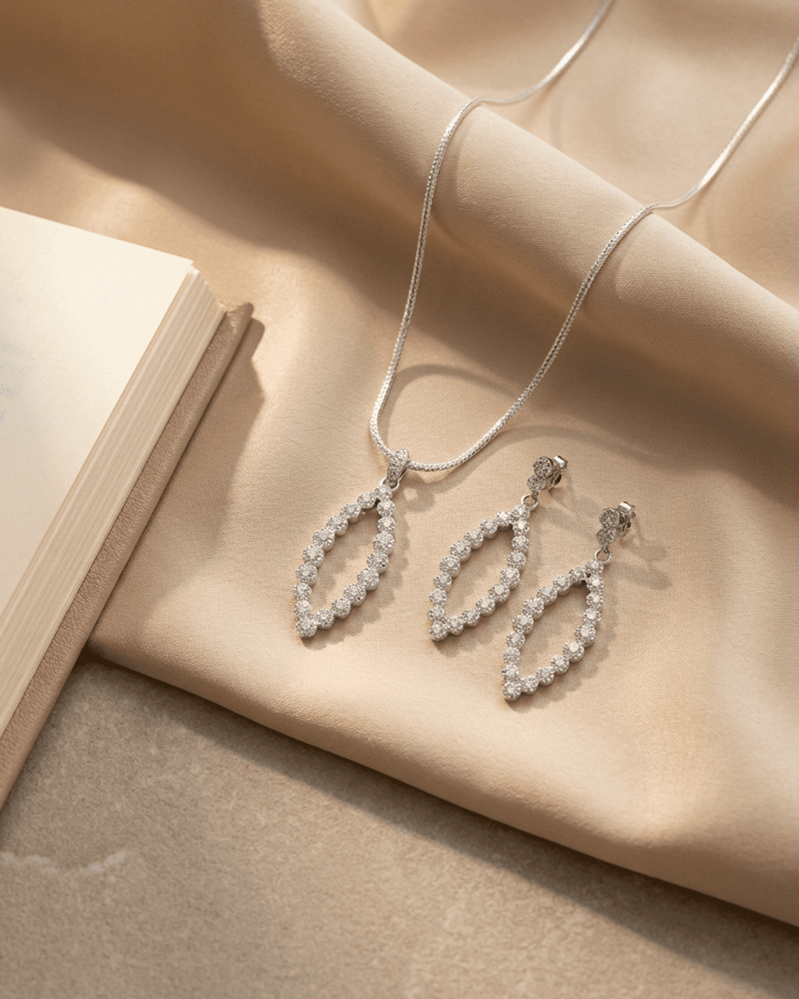 92.5 Sterling Silver Open Marquise Pendant Set | Diamond Look CZ Leaf Dangle (Chain Not Included)