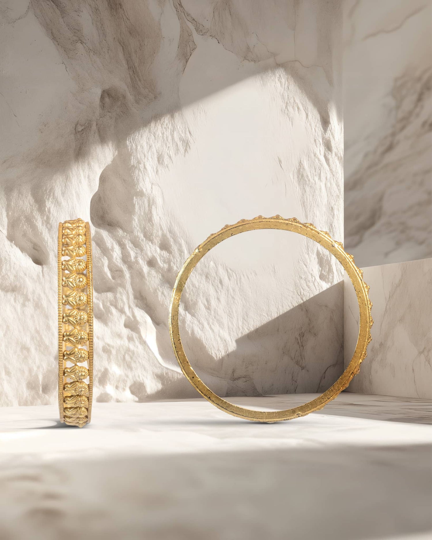 Gold Plated 925 Sterling Silver Temple Bangles (Pair) | Traditional Floral Kangan