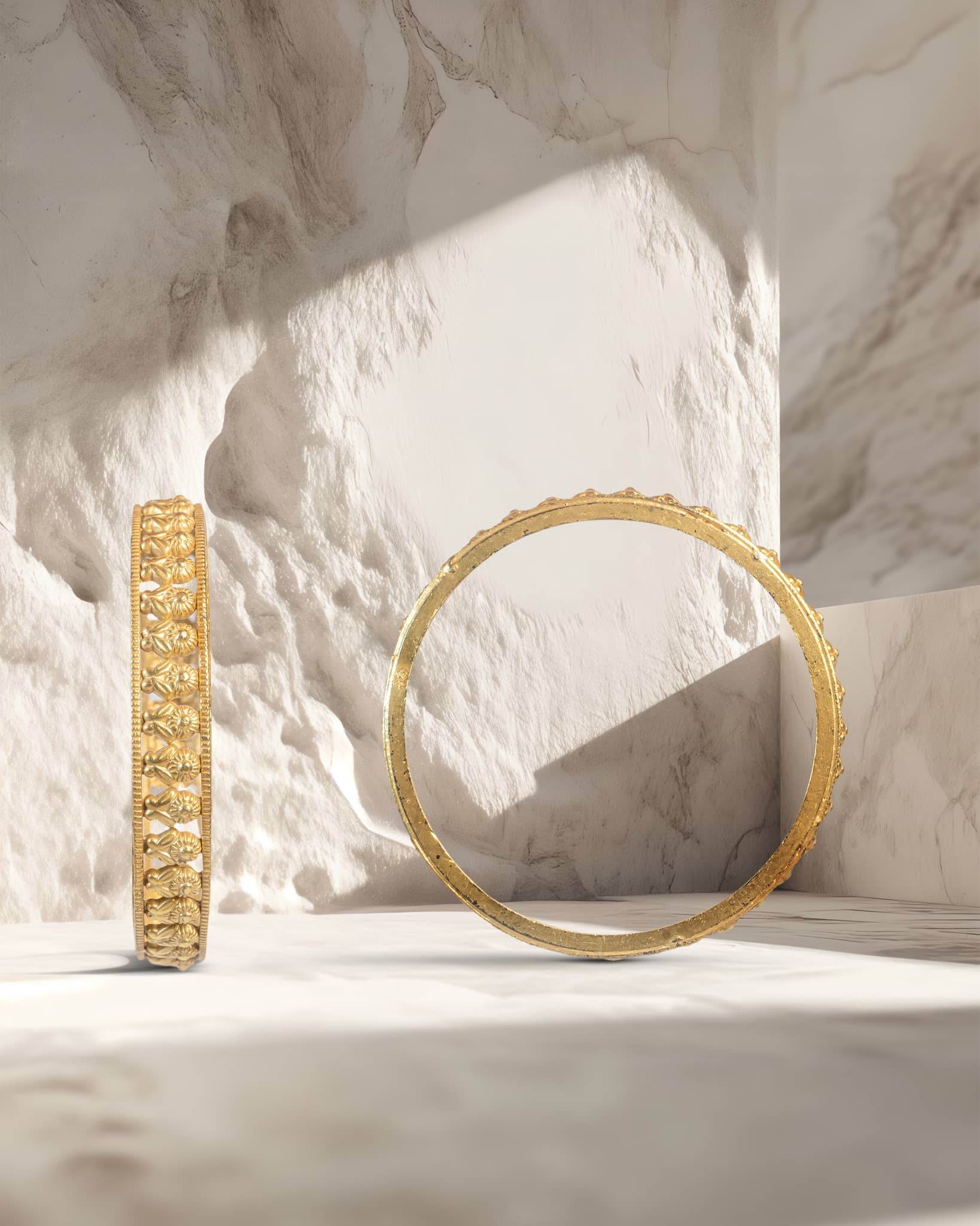 Gold Plated 925 Sterling Silver Temple Bangles (Pair) | Traditional Floral Kangan