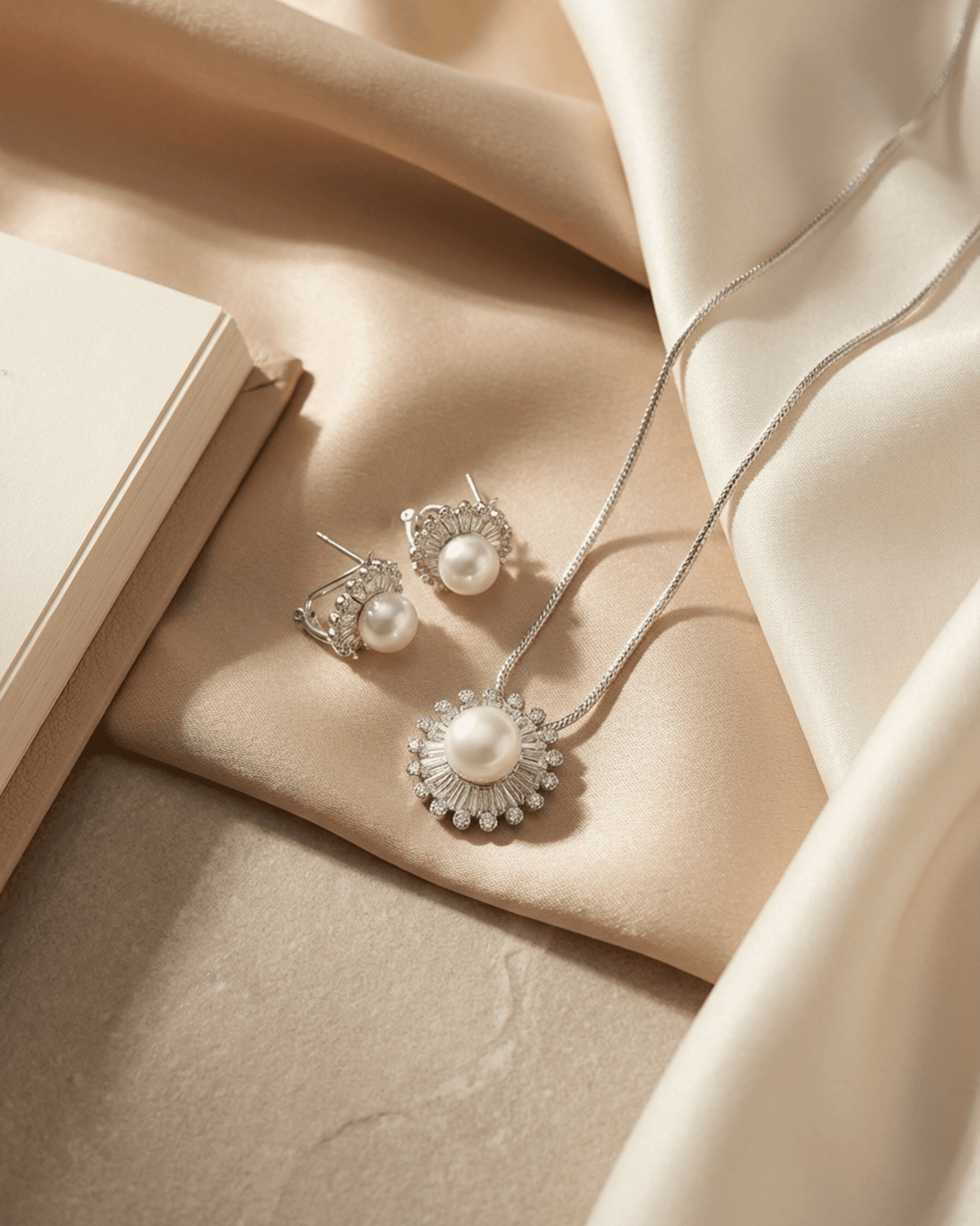 92.5 Sterling Silver Pearl & Baguette CZ Pendant Set | Royal Sunburst Halo (Chain Not Included)