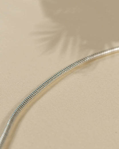 Silver snake chain necklace on a beige background