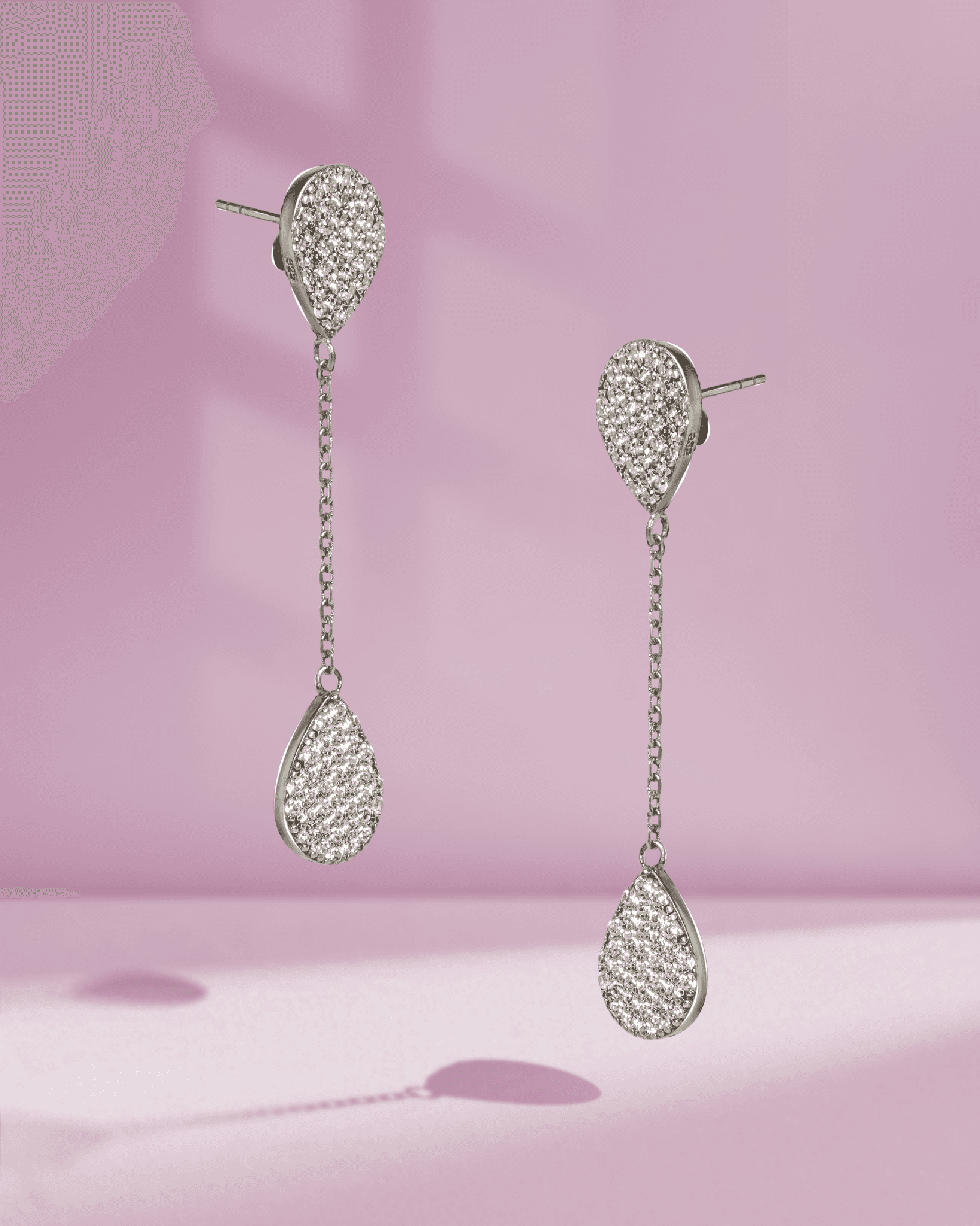 925 Sterling Silver Double Teardrop Dangler Earrings | Pave Set American Diamond (AD) Drop