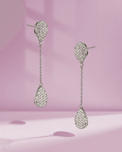 925 Sterling Silver Double Teardrop Dangler Earrings | Pave Set American Diamond (AD) Drop