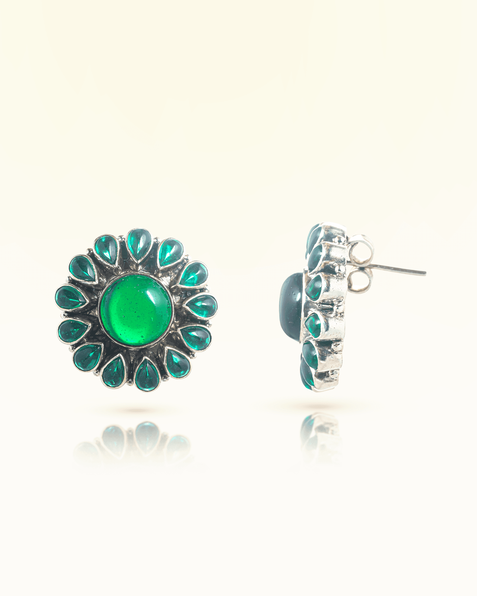 92.5 Sterling Silver Oxidized Green Cabochon Floral Studs | Antique Statement Earrings