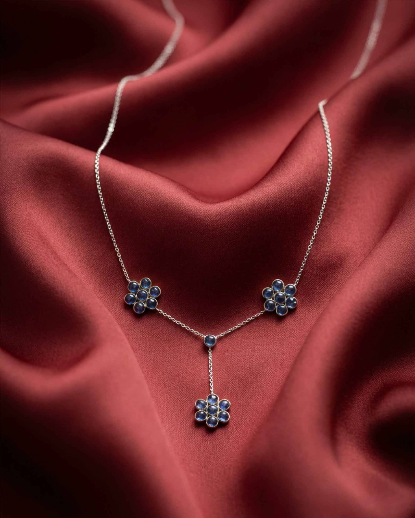 92.5 Sterling Silver Blue Floral Y-Necklace | Sapphire Color Flower Drop