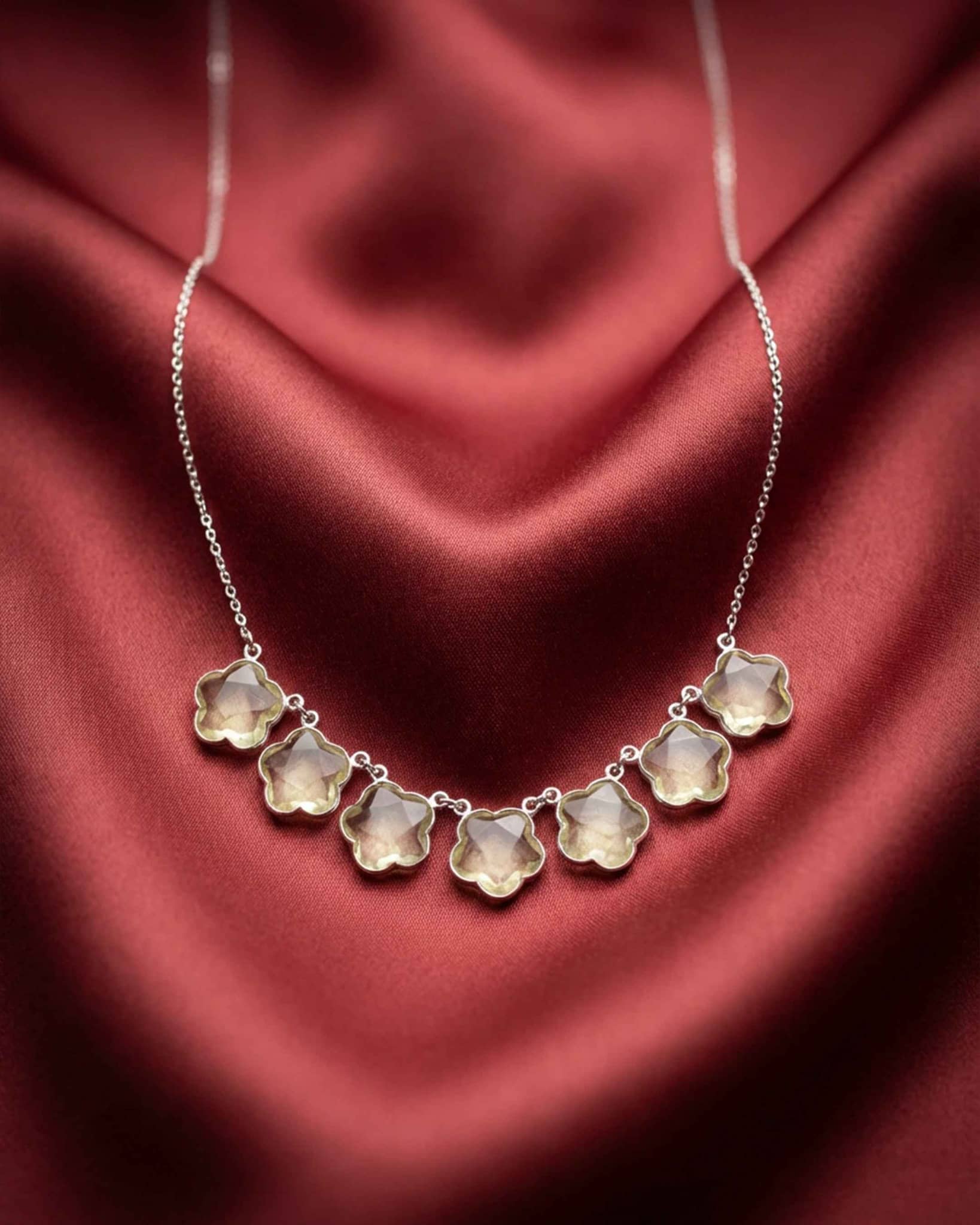 92.5 Sterling Silver Lemon Yellow Floral Collar Necklace | 7-Flower Bezel Chain