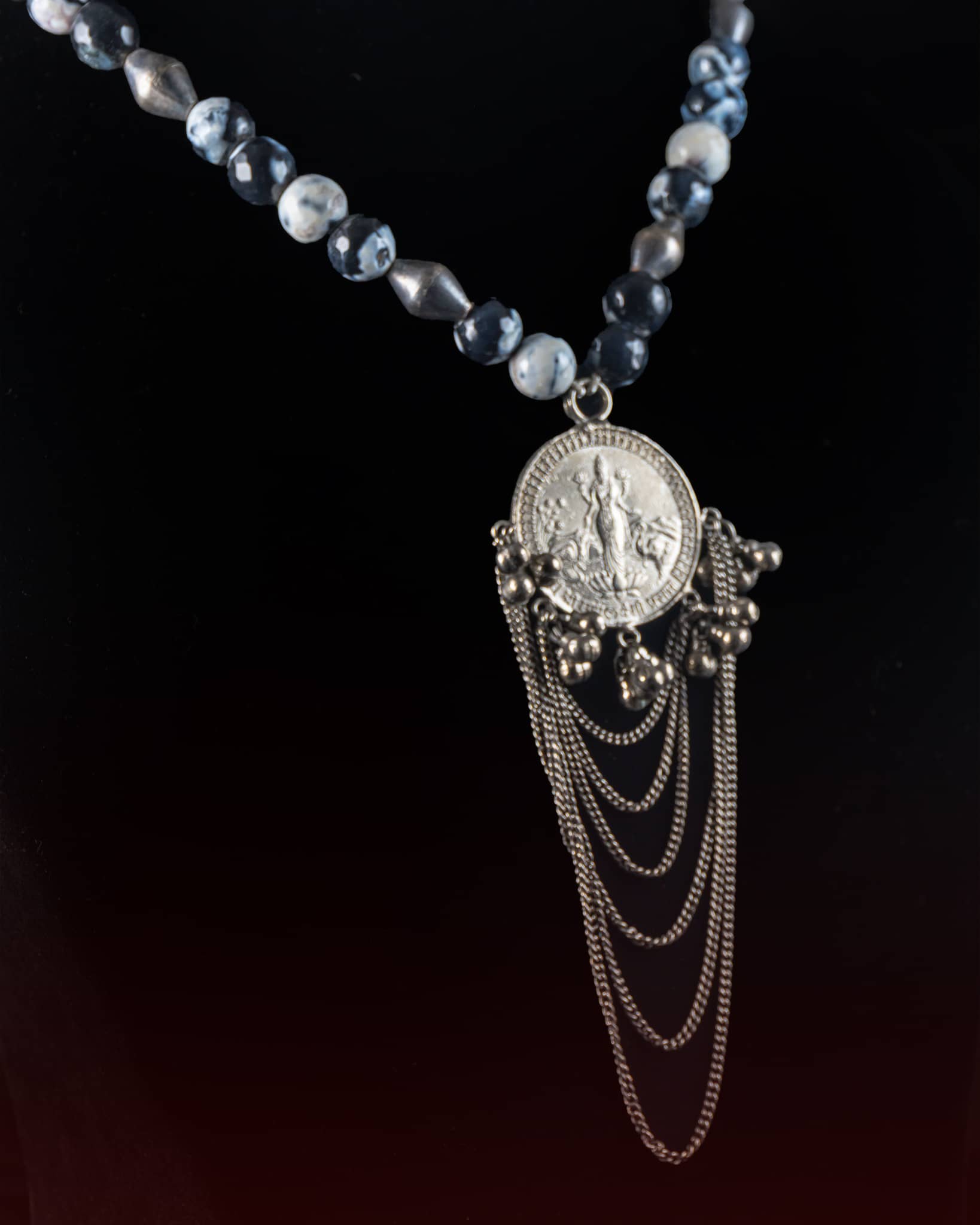 92.5 Sterling Silver Grey Agate Bead Necklace | Lakshmi Coin Pendant with Chain Tassels