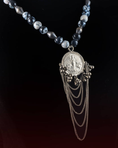92.5 Sterling Silver Grey Agate Bead Necklace | Lakshmi Coin Pendant with Chain Tassels