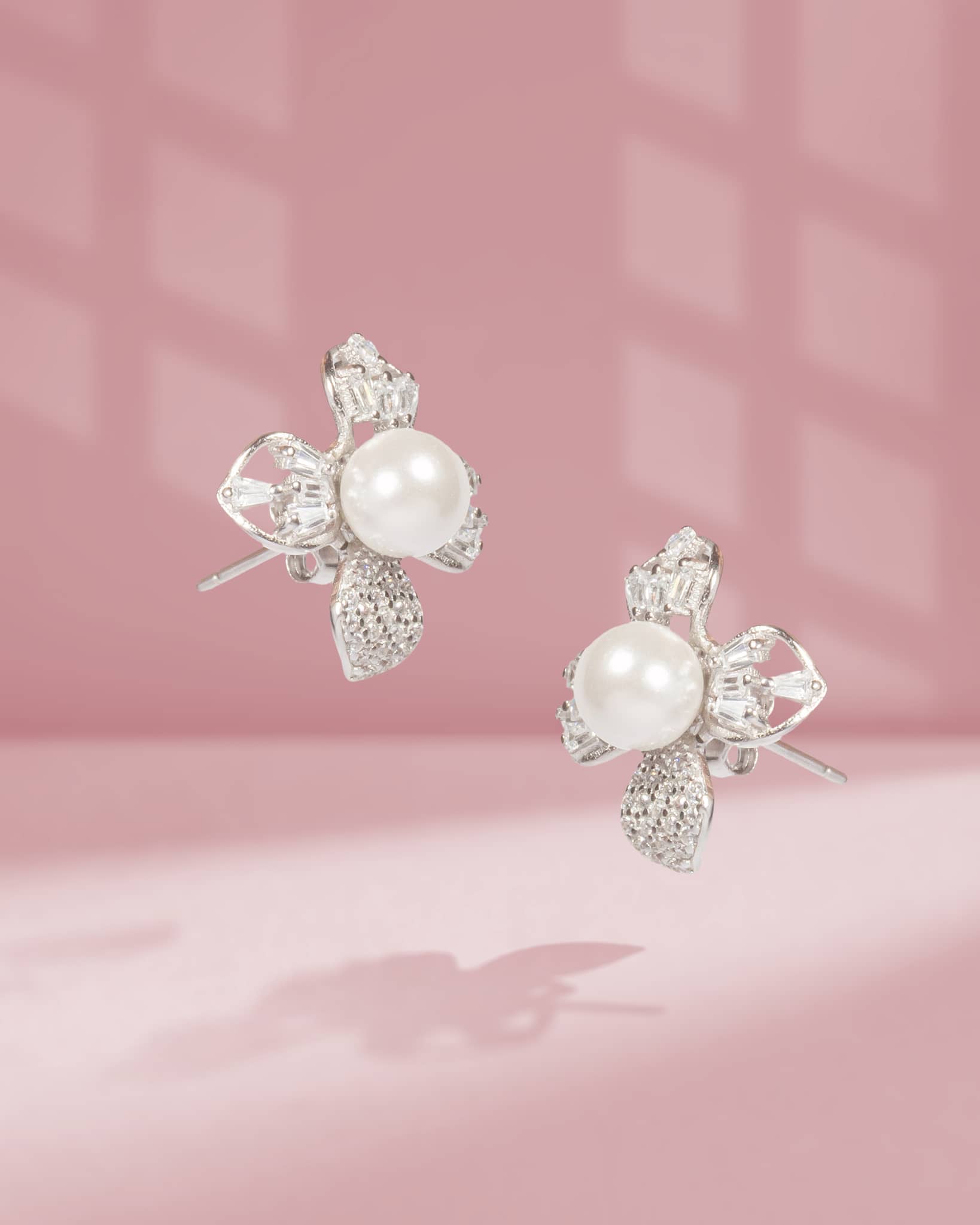 925 Sterling Silver Pearl & AD Geometric Floral Studs | Baguette & Round CZ Design
