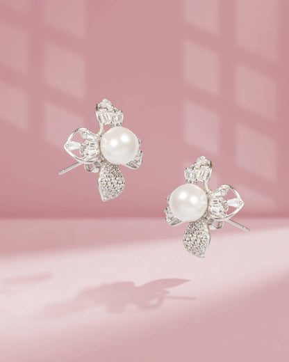 925 Sterling Silver Pearl &amp; AD Geometric Floral Studs | Baguette &amp; Round CZ Design