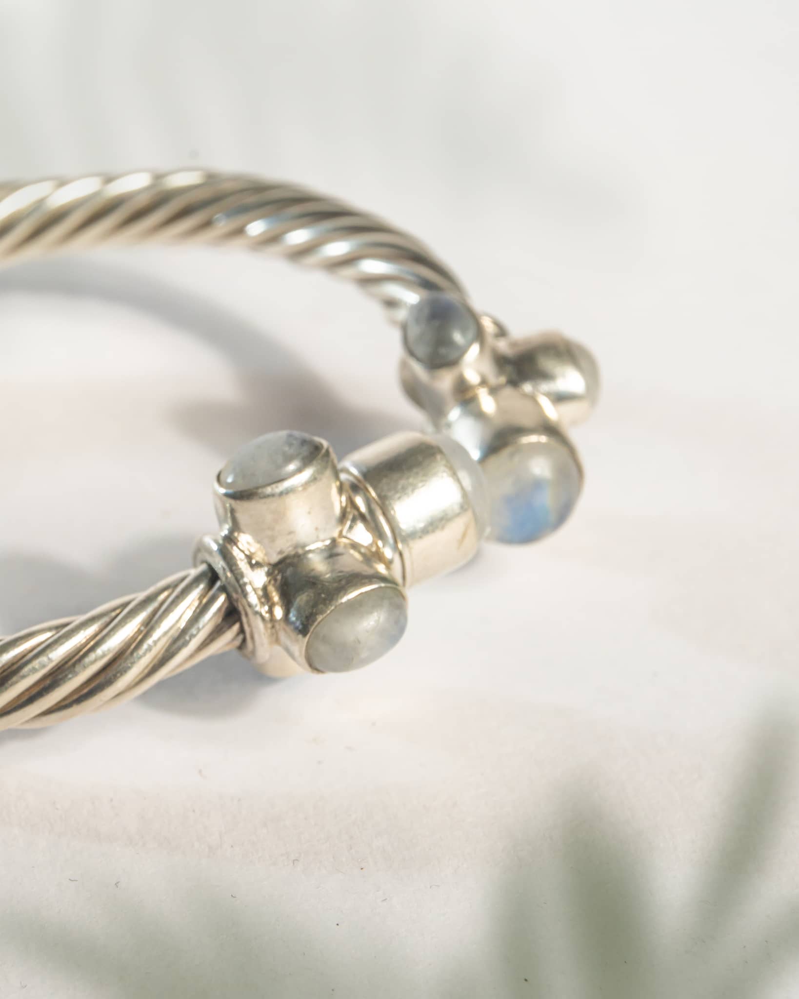92.5 Sterling Silver Twisted Rope Cuff with Natural Moonstones | Triple Stone Adjustable Bangle