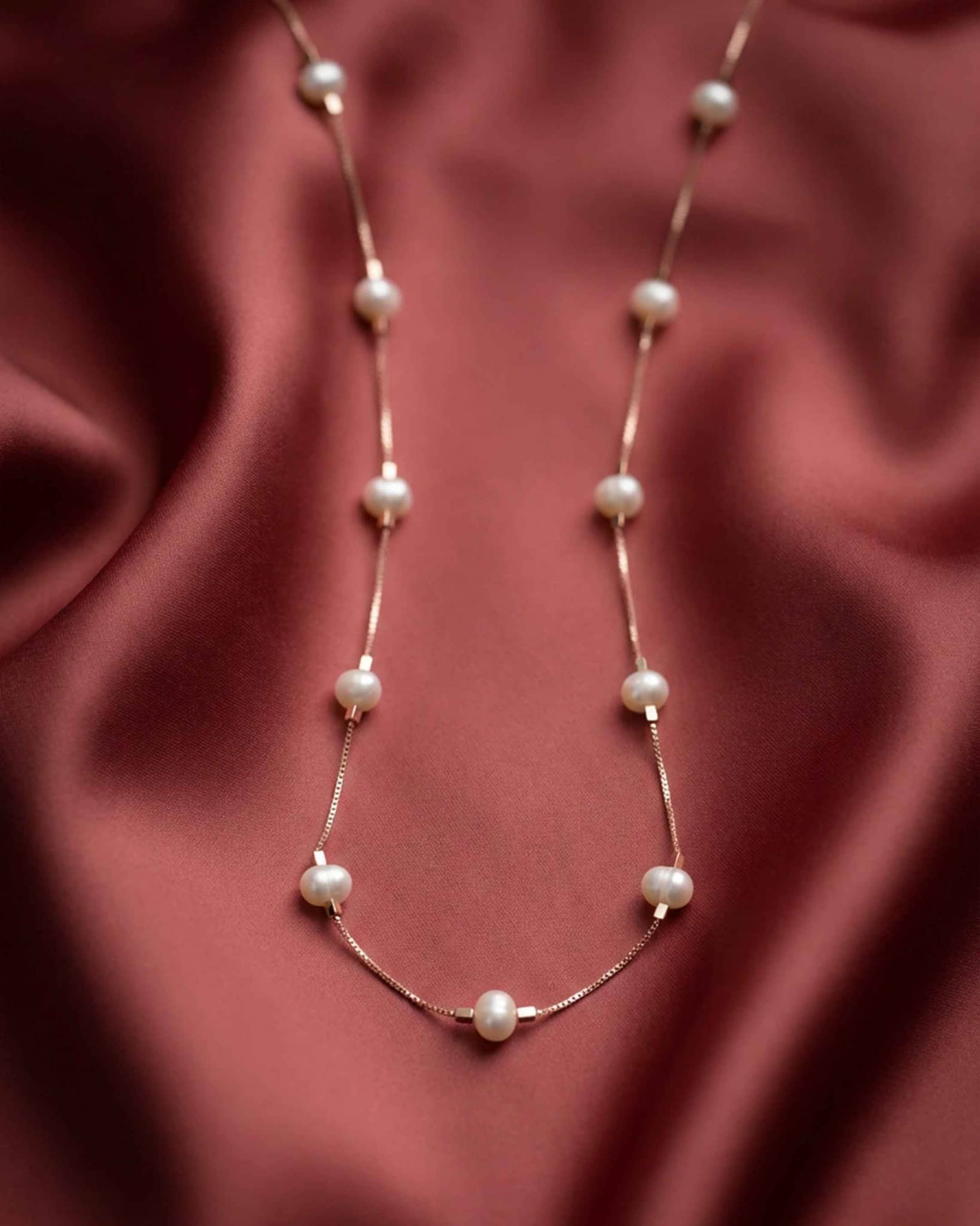 Product Title: 92.5 Sterling Silver Rose Gold Pearl Station Necklace | Classic Tin Cup Chain