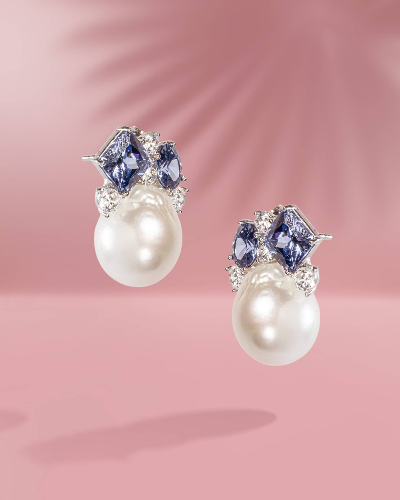 925 Sterling Silver Baroque Pearl Drop Earrings | Geometric Blue Sapphire & AD Studs