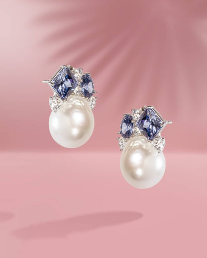 925 Sterling Silver Baroque Pearl Drop Earrings | Geometric Blue Sapphire &amp; AD Studs