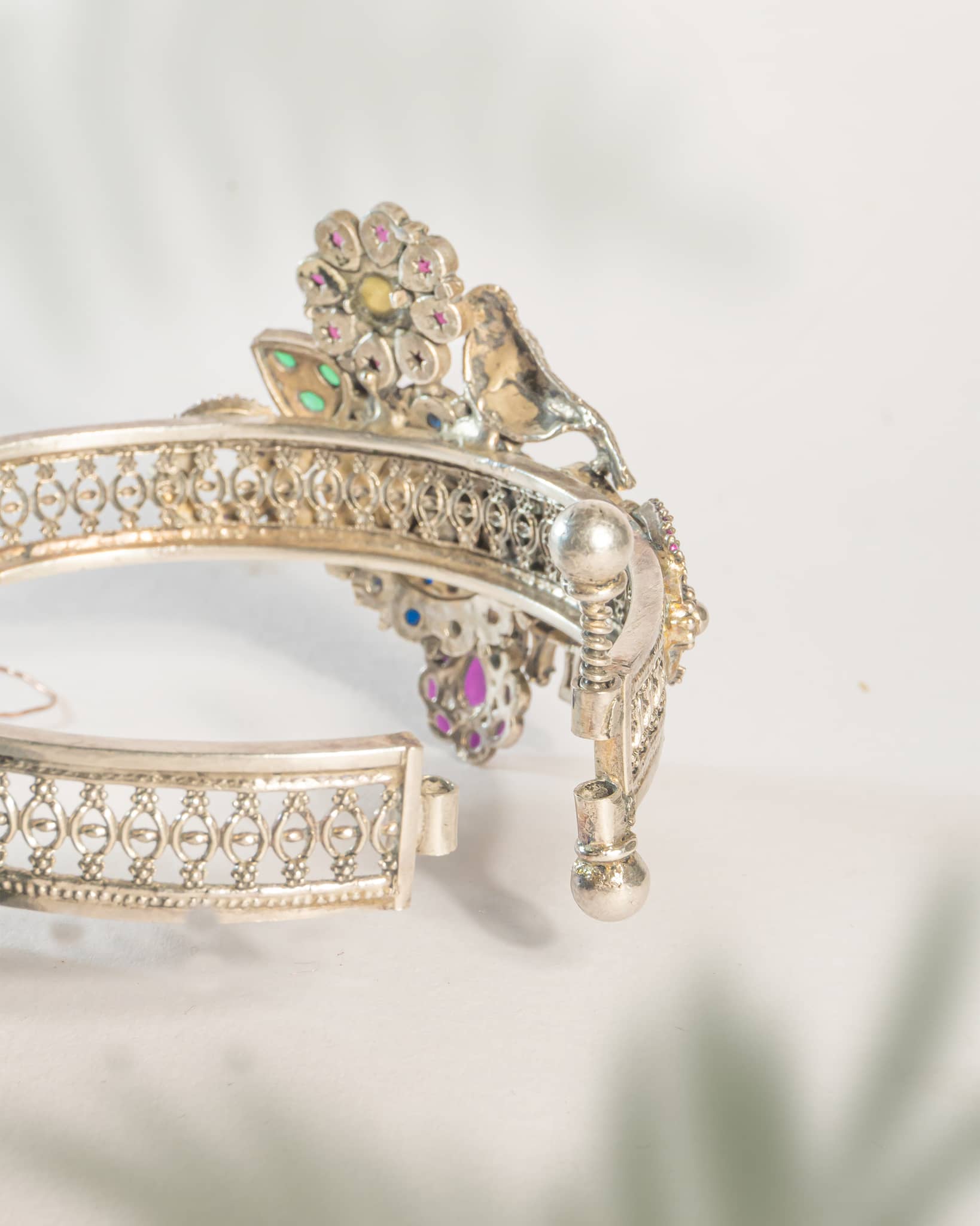 92.5 Sterling Silver Gau Mata & Bird Jadau Bangle | Vrindavan Theme Antique Kada
