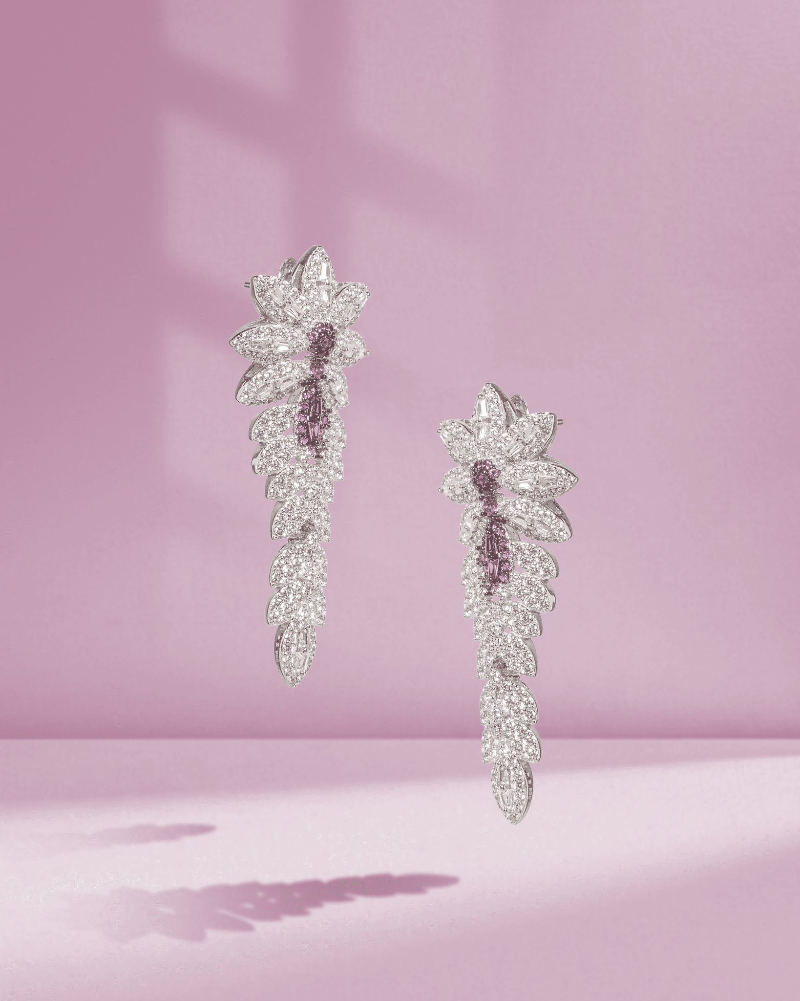 925 Sterling Silver American Diamond (AD) Floral Dangler Earrings | Ruby Pink & Clear Stones