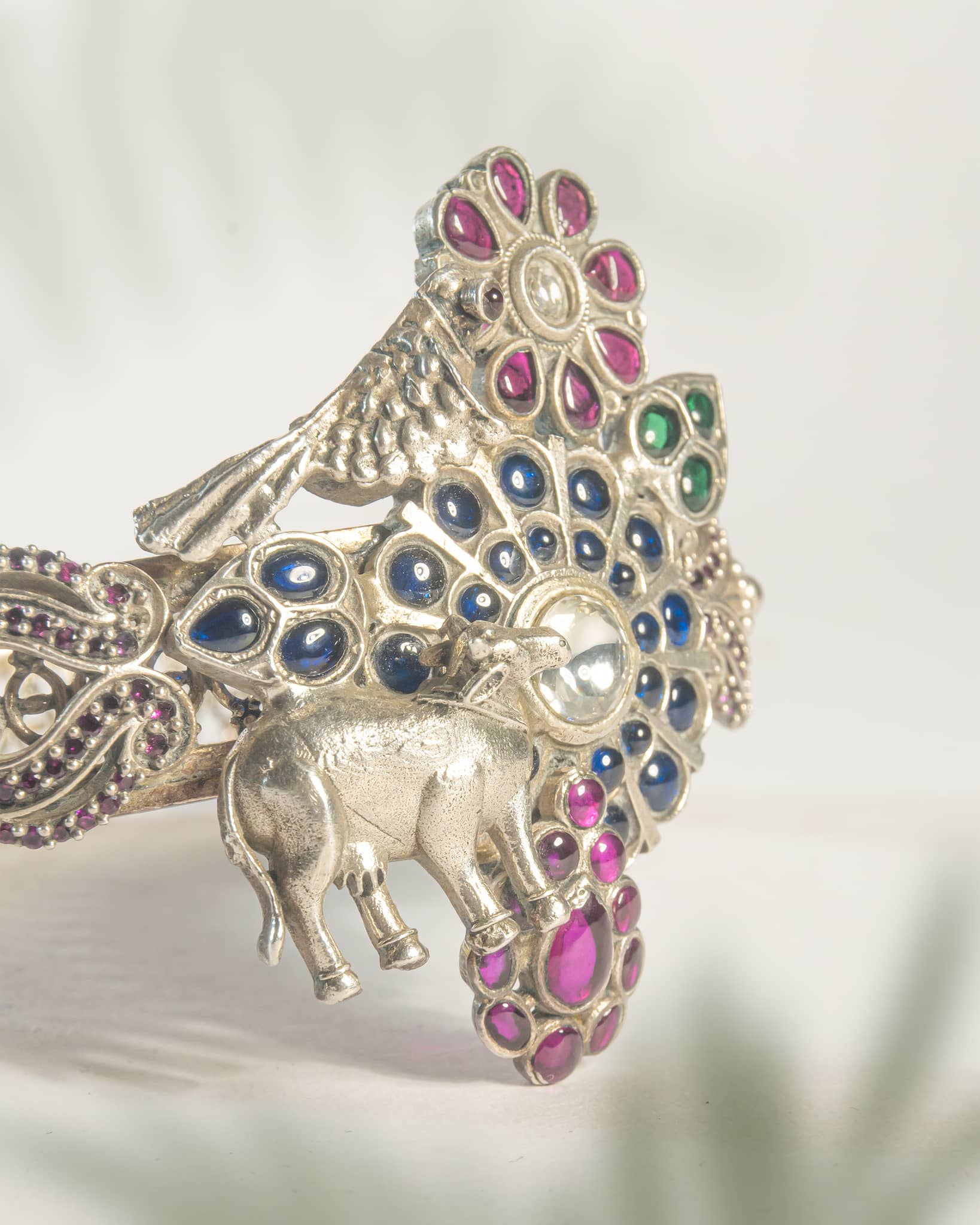 92.5 Sterling Silver Gau Mata & Bird Jadau Bangle | Vrindavan Theme Antique Kada