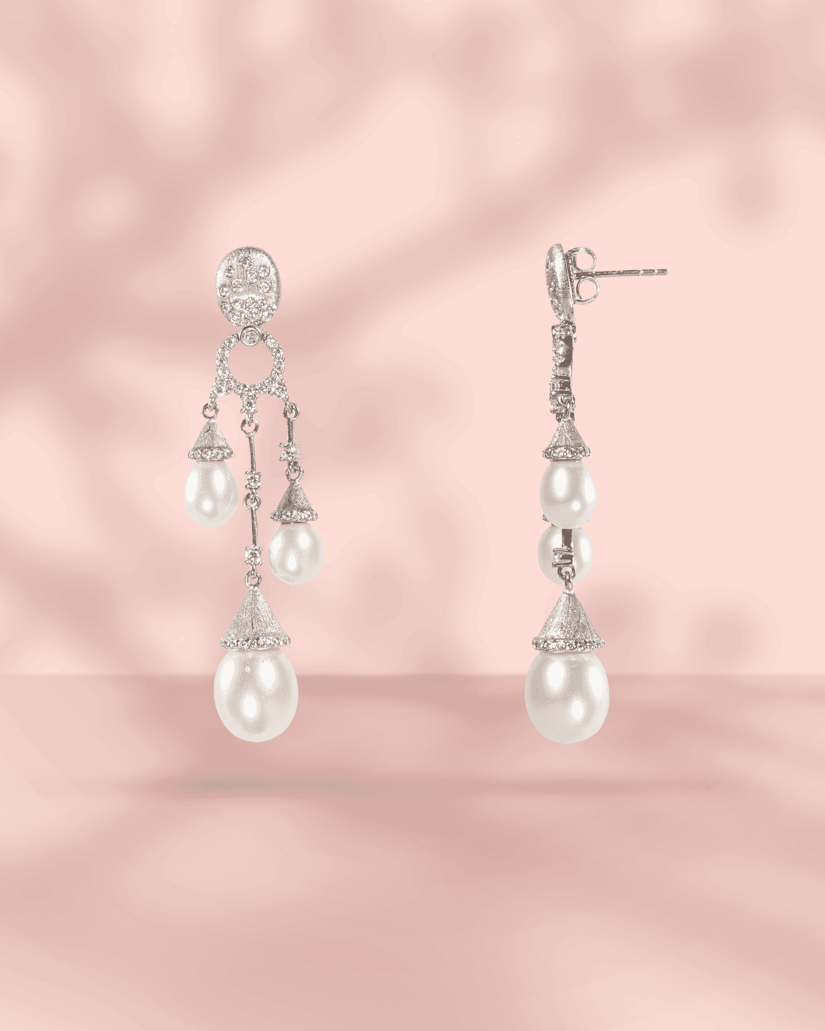 92.5 Sterling Silver Triple Pearl Drop Earrings | Matte Finish CZ Diamond Danglers