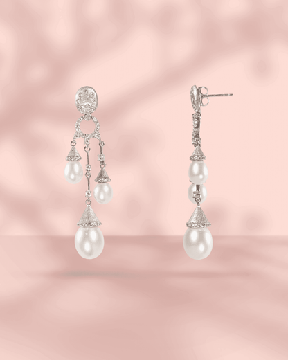 92.5 Sterling Silver Triple Pearl Drop Earrings | Matte Finish CZ Diamond Danglers