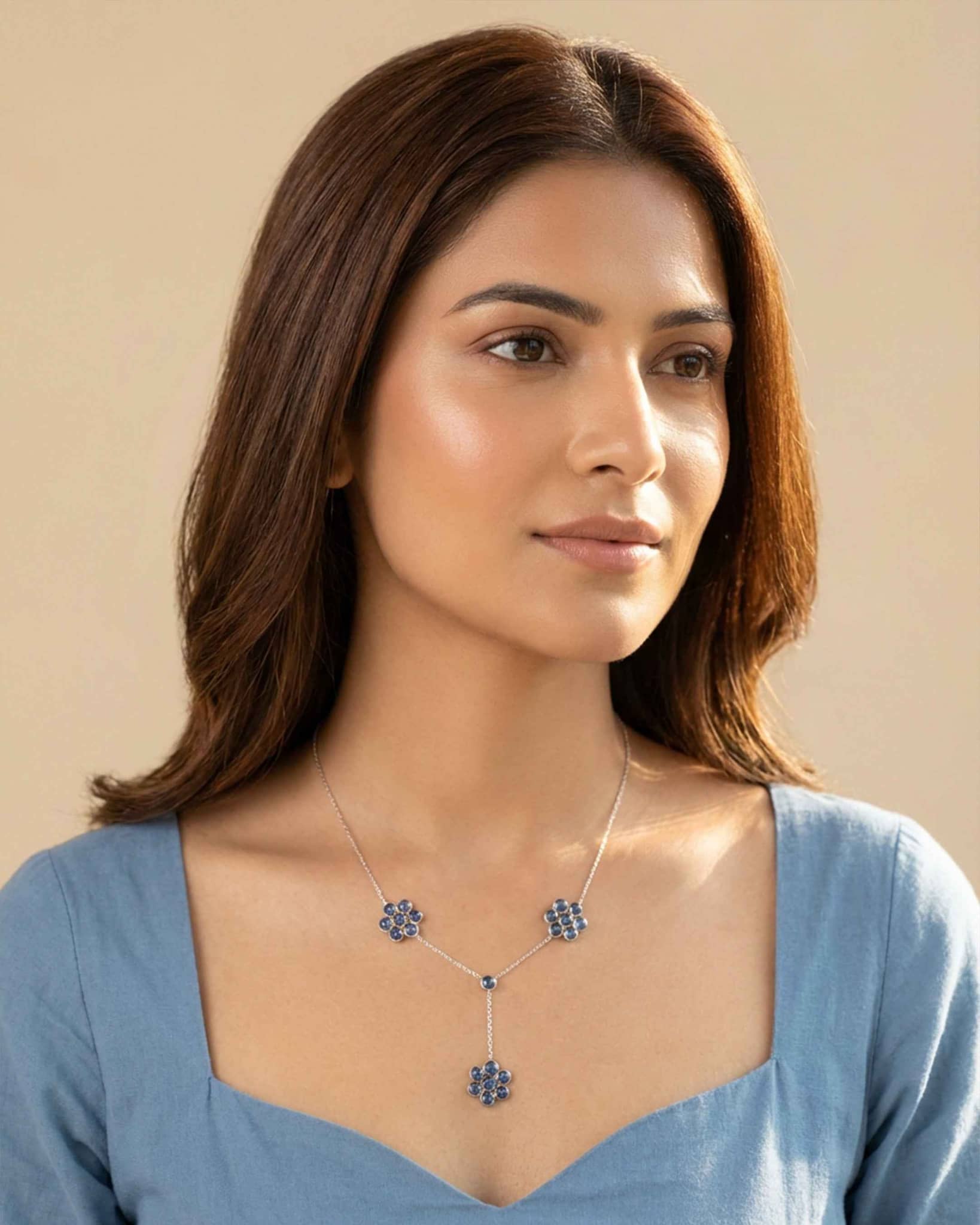 92.5 Sterling Silver Blue Floral Y-Necklace | Sapphire Color Flower Drop