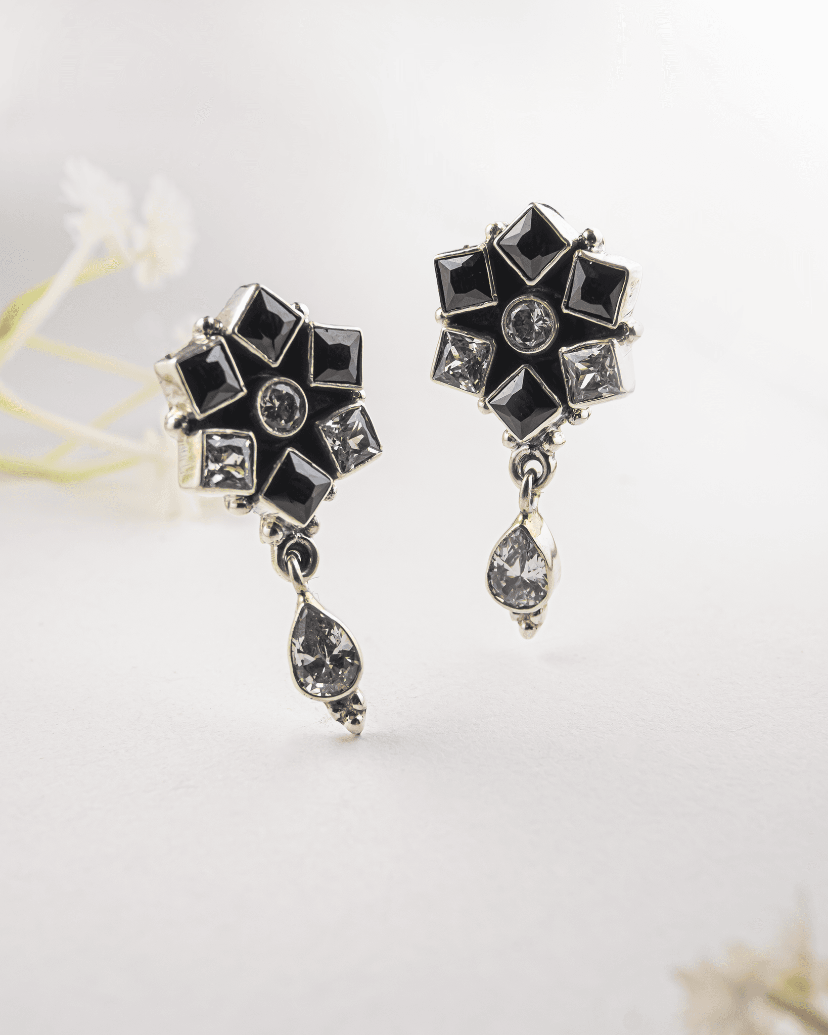 92.5 Sterling Silver Black & Clear CZ Star Earrings | Oxidized Geometric Drop