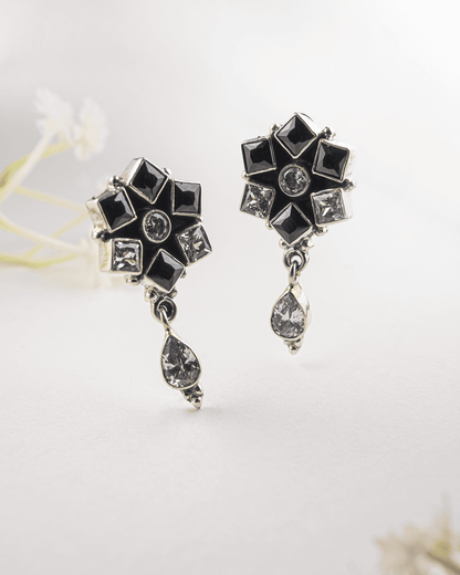 92.5 Sterling Silver Black &amp; Clear CZ Star Earrings | Oxidized Geometric Drop
