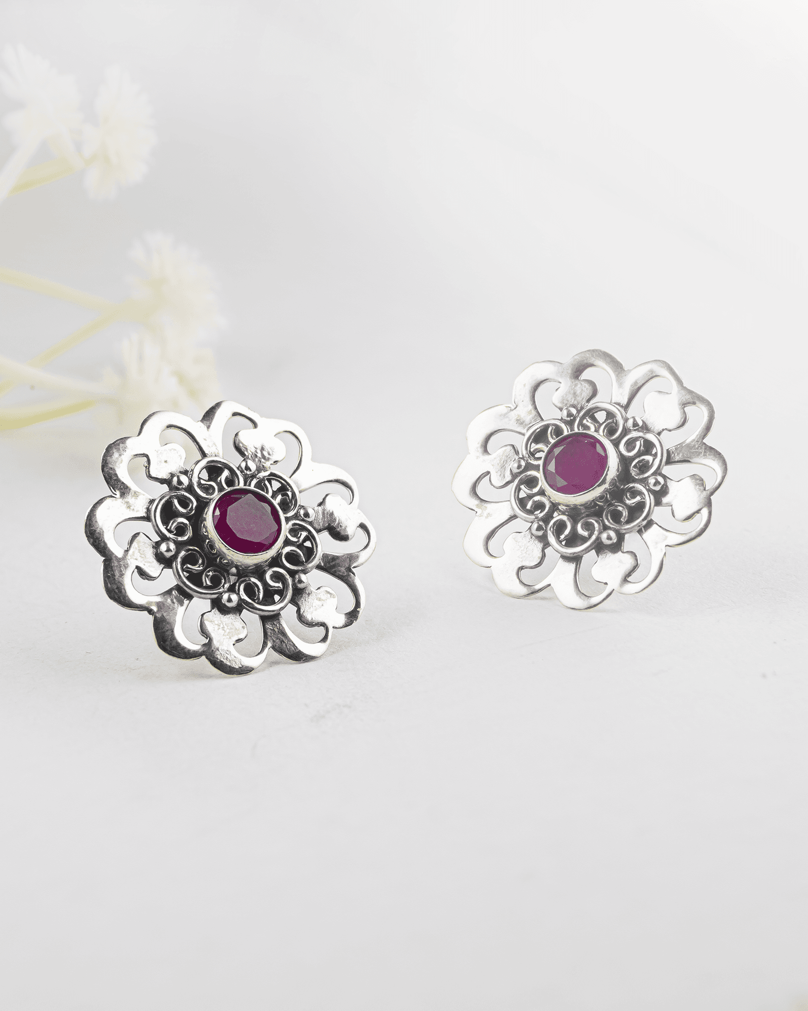 92.5 Sterling Silver Oxidized Floral Studs | Ruby Center Cut-Out Earrings