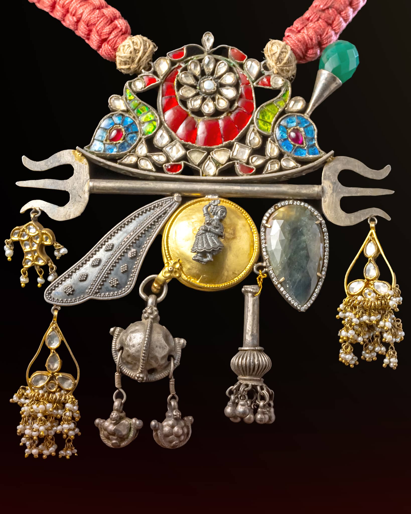 92.5 Sterling Silver Tribal Fusion Trishul Necklace | Pink Dori Charm Statement Piece
