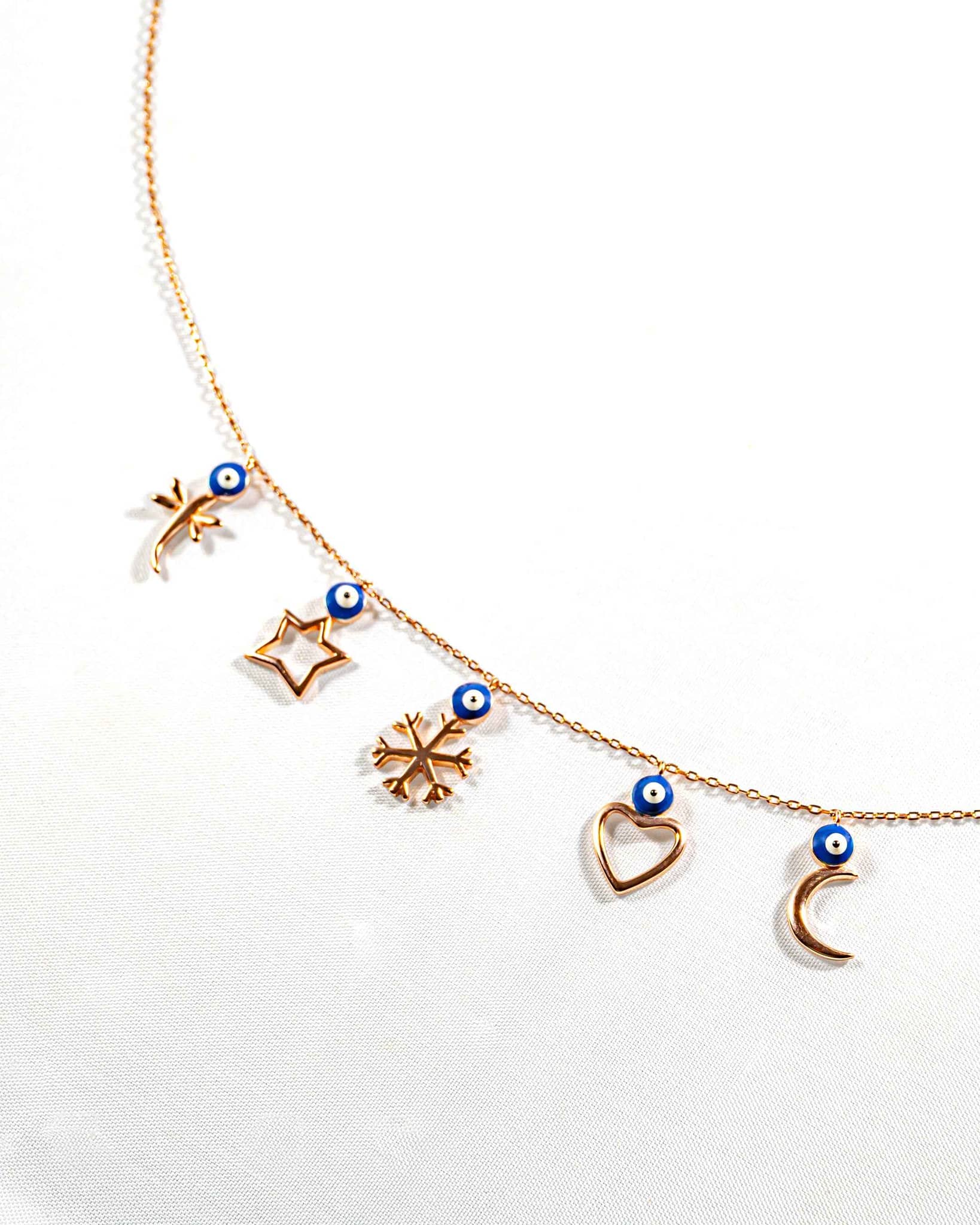 92.5 Sterling Silver Rose Gold Multi-Charm Evil Eye Necklace | Protective Dangle Chain
