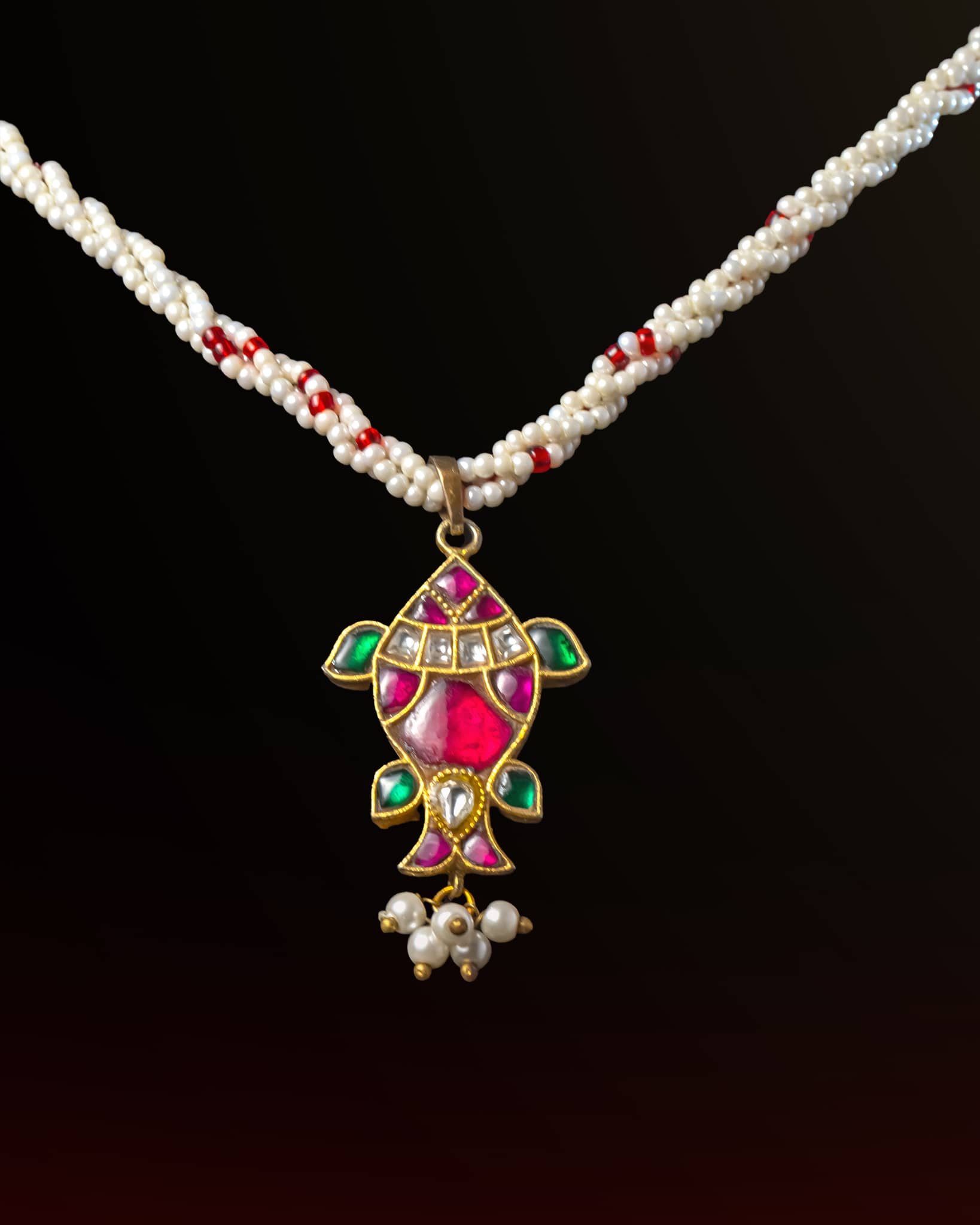 92.5 Sterling Silver Gold Plated Matsya Kundan Necklace | Fish Motif Pearl Strung Haar