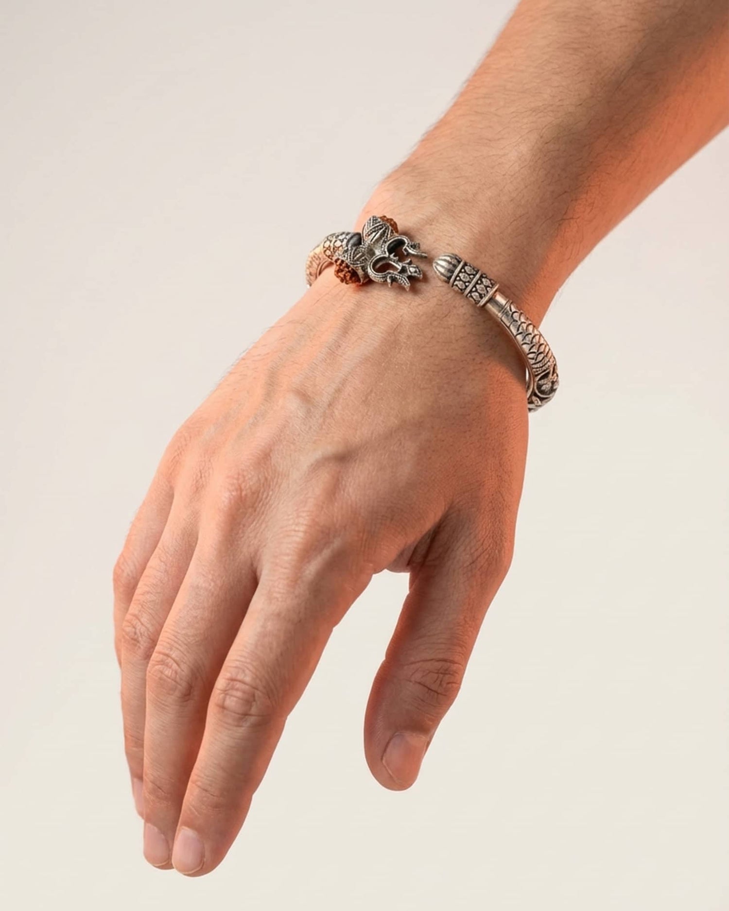 Oxidized Silver Shiva Trishul Damru Kada with Rudraksha | Mahadev Bracelet for Men