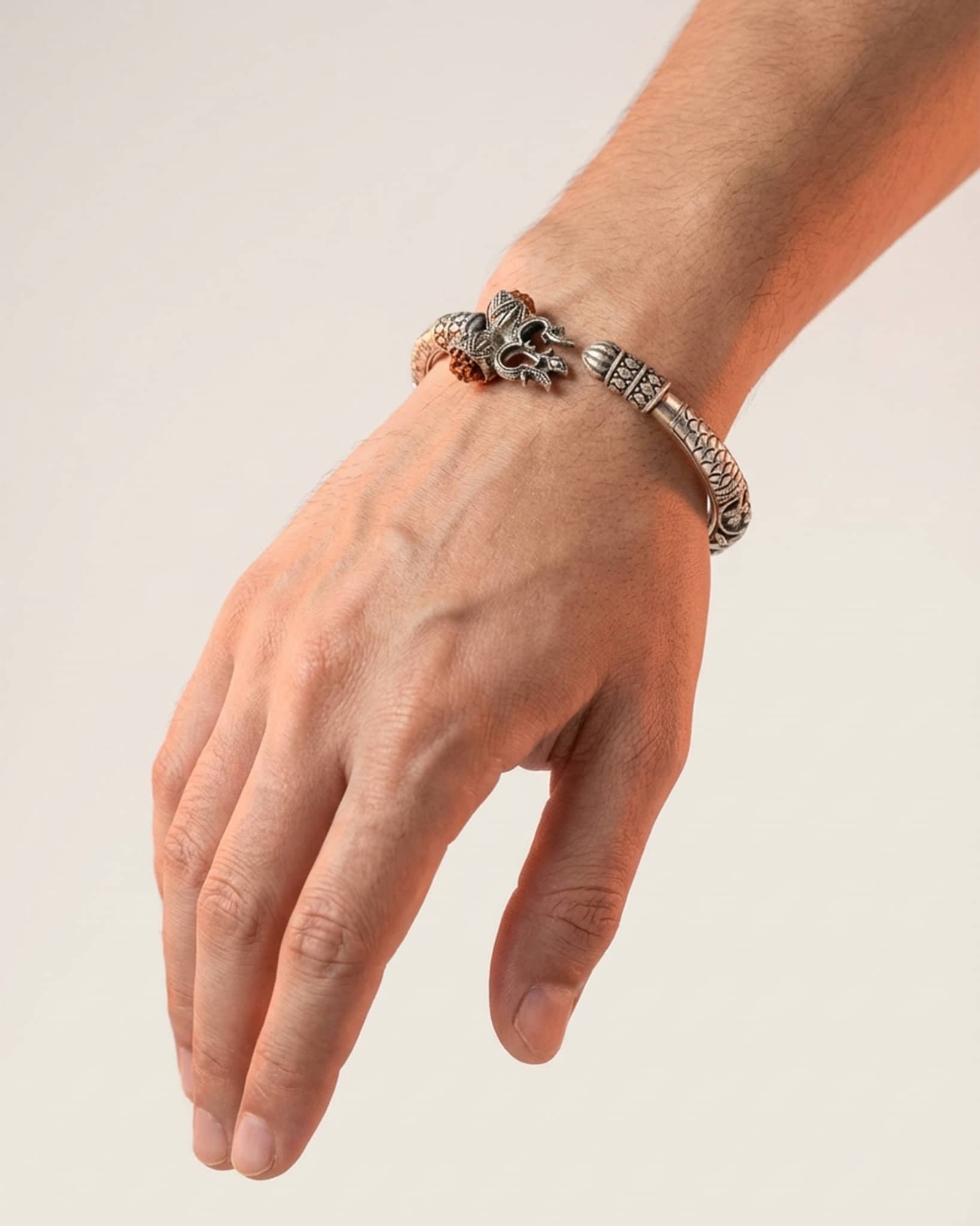 Oxidized Silver Shiva Trishul Damru Kada with Rudraksha | Mahadev Bracelet for Men