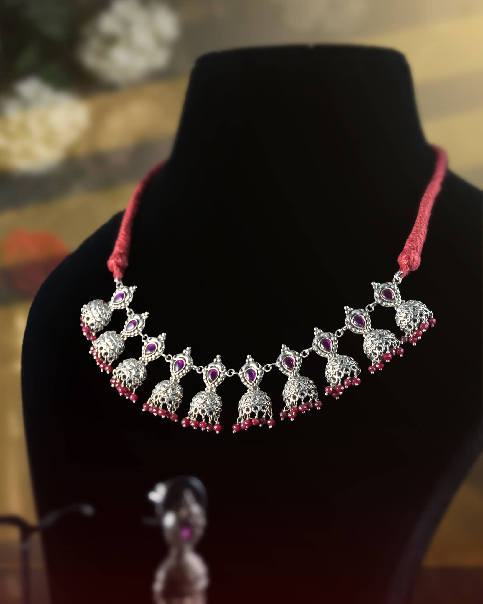 92.5 Sterling Silver Oxidized Red Stone Bridal Necklace Set | Peacock Jhumki Haar with Earrings