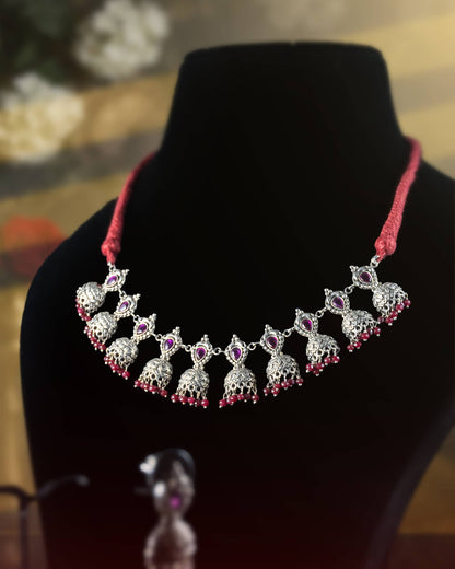 92.5 Sterling Silver Oxidized Red Stone Bridal Necklace Set | Peacock Jhumki Haar with Earrings
