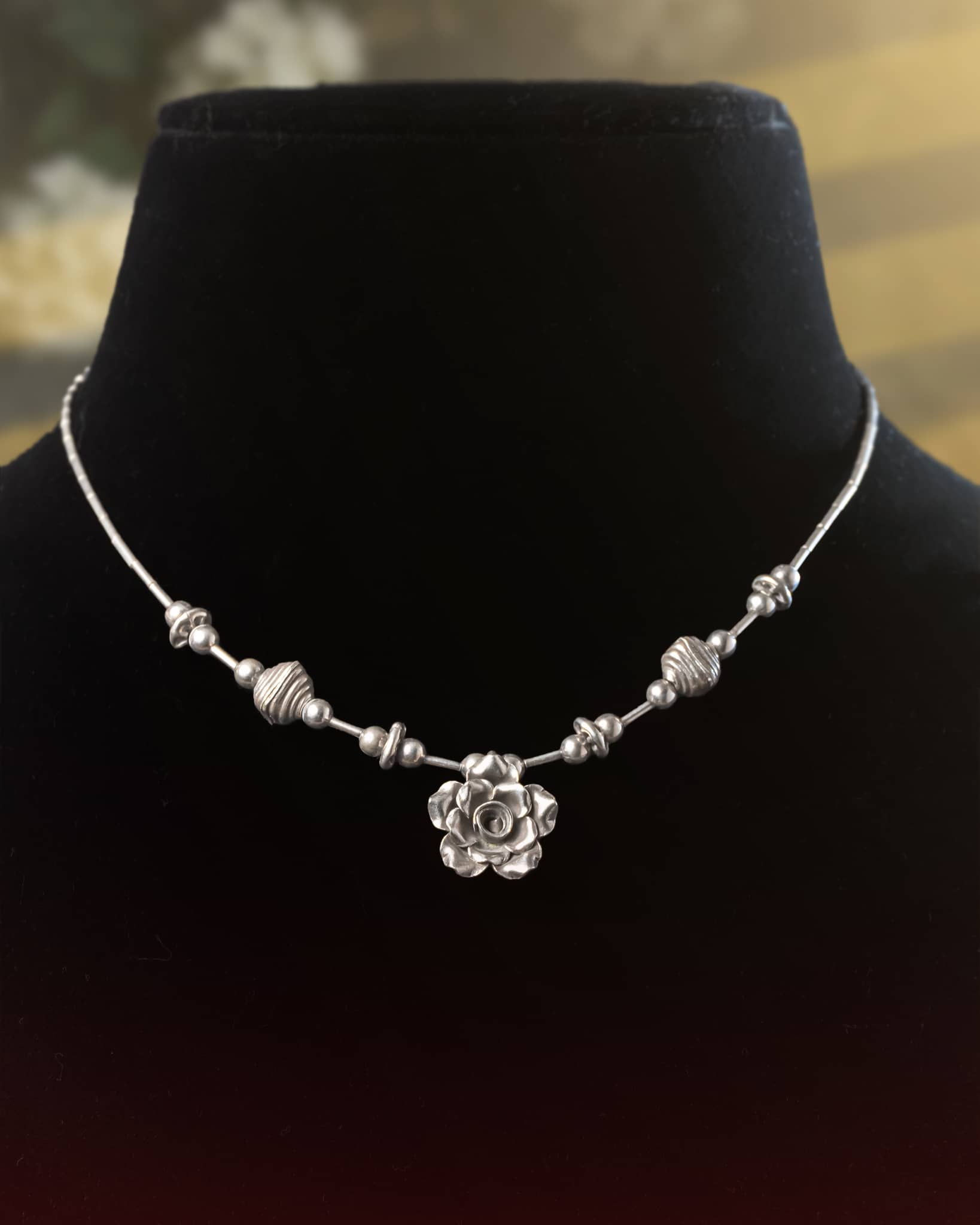 92.5 Sterling Silver Oxidized 3D Rose Pendant Necklace | Floral Bead Station Chain
