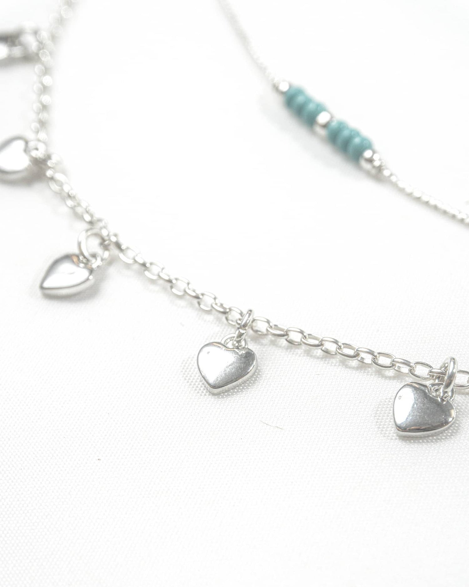 92.5 Sterling Silver Double Layer Heart Charm Necklace | Turquoise Bead Accent