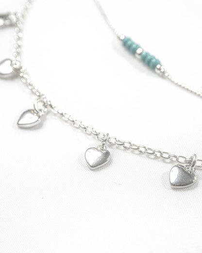 92.5 Sterling Silver Double Layer Heart Charm Necklace | Turquoise Bead Accent