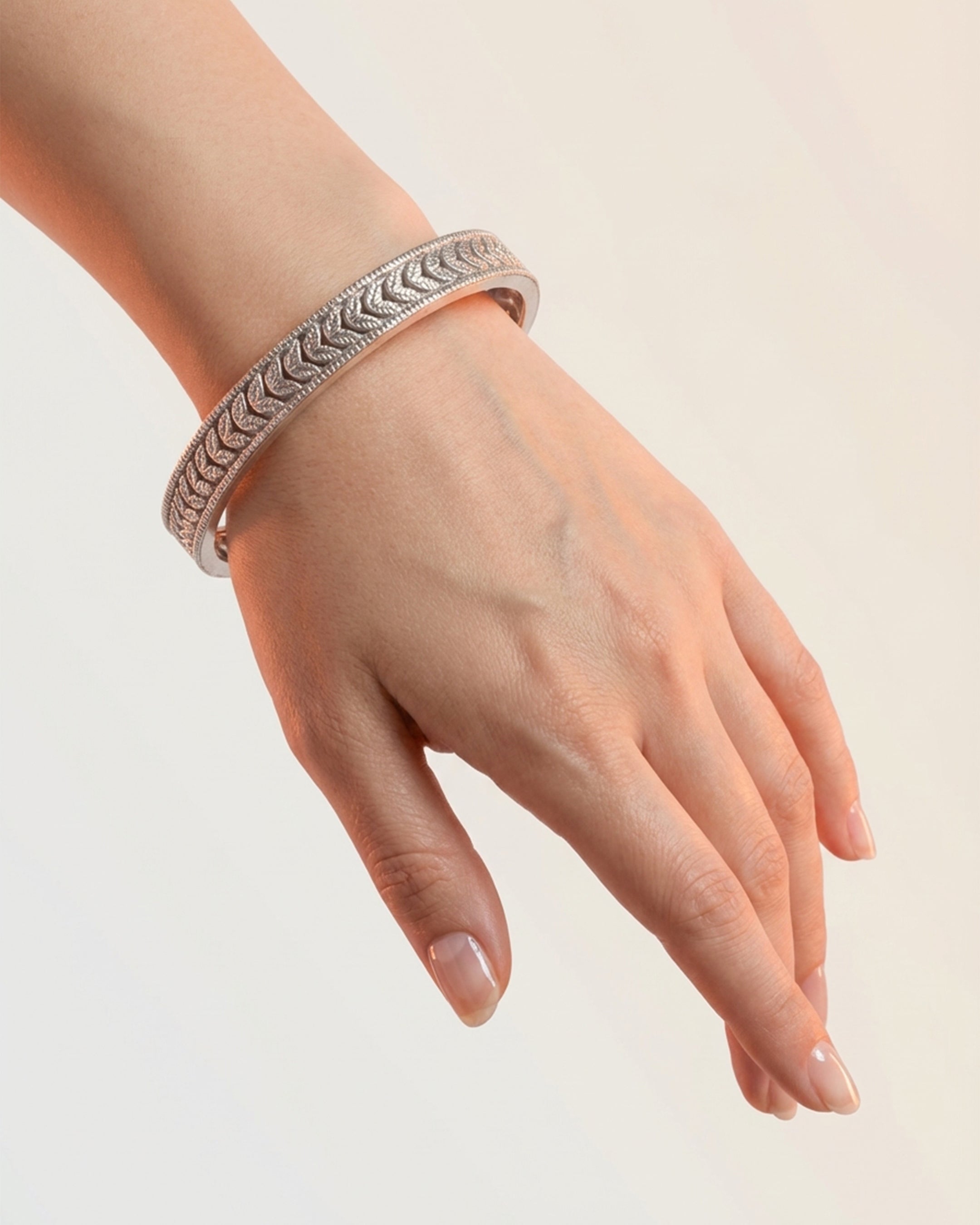 92.5 Sterling Silver Leaf Pattern Antique Bangle | Nature Motif Oxidized Kada