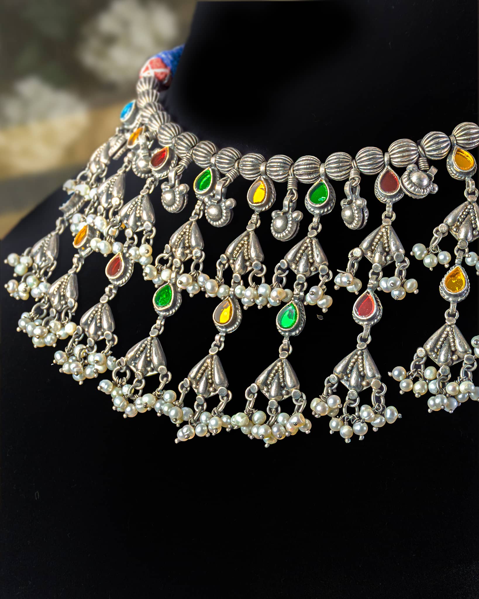 92.5 Sterling Silver Tree of Life (Kalpavriksha) Hasli Necklace | Multi-Color Stone Nature Collar