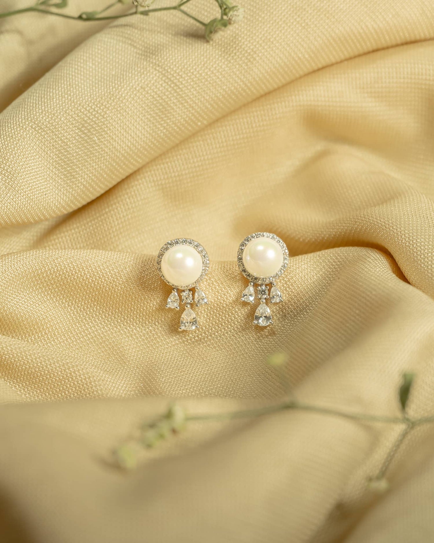 925 Sterling Silver Pearl Halo Stud Earrings with CZ Drops | Fancy Screw Back Tops