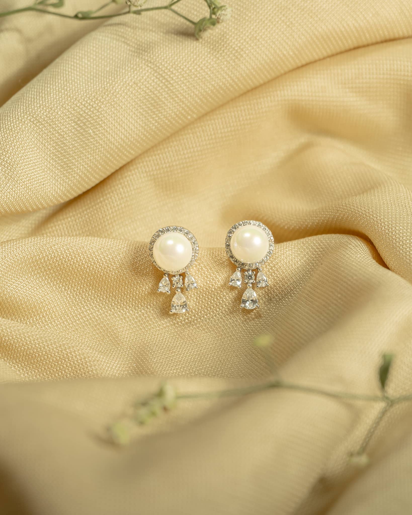 925 Sterling Silver Pearl Halo Stud Earrings with CZ Drops | Fancy Screw Back Tops